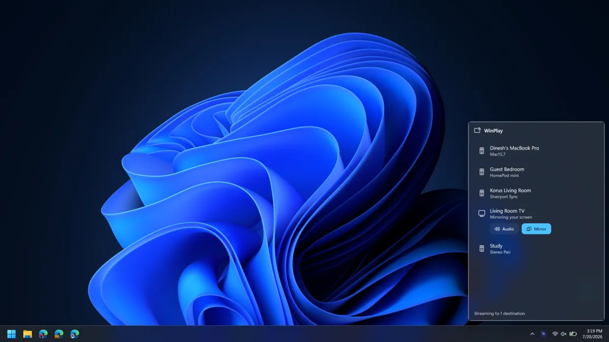 WinPlay mirroring a Windows 11 desktop to an Apple TV